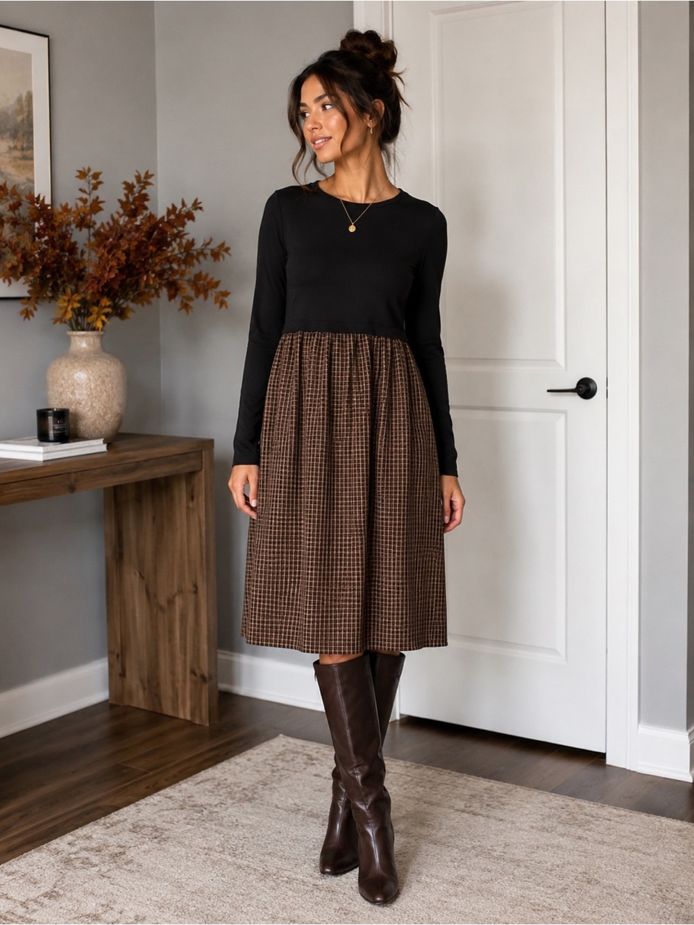 J. Jill Black Brown Plaid Mixed Media Long Sleeve Dress Size M NWOT